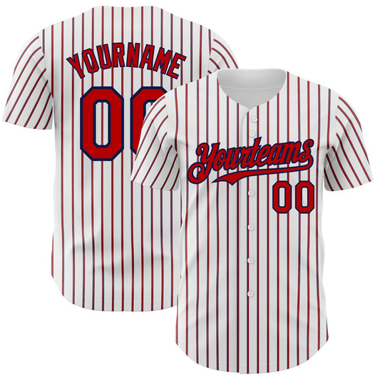 Custom White (Navy Red Pinstripe) Red-Navy Authentic Baseball Jersey - Main View