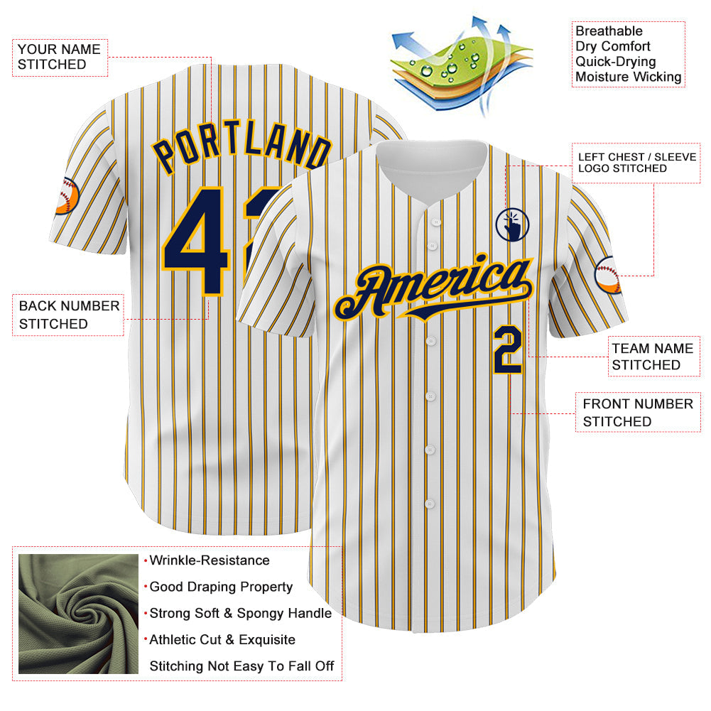 Custom White (Navy Gold Pinstripe) Navy-Gold Authentic Baseball Jersey view 3
