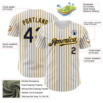 Custom White (Navy Gold Pinstripe) Navy-Gold Authentic Baseball Jersey view 3
