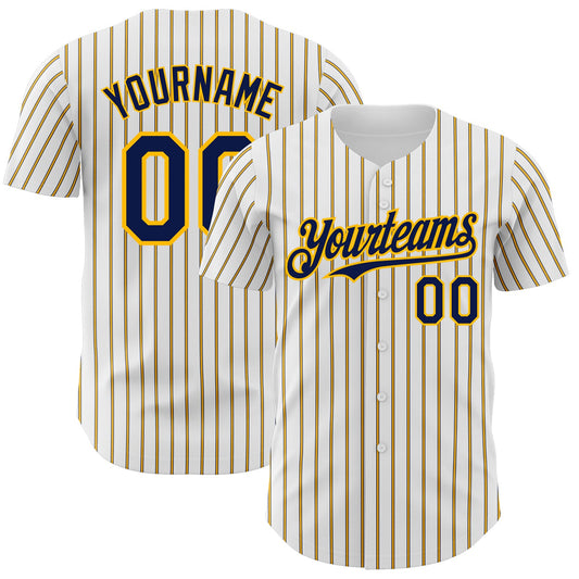 Custom White (Navy Gold Pinstripe) Navy-Gold Authentic Baseball Jersey - Main View