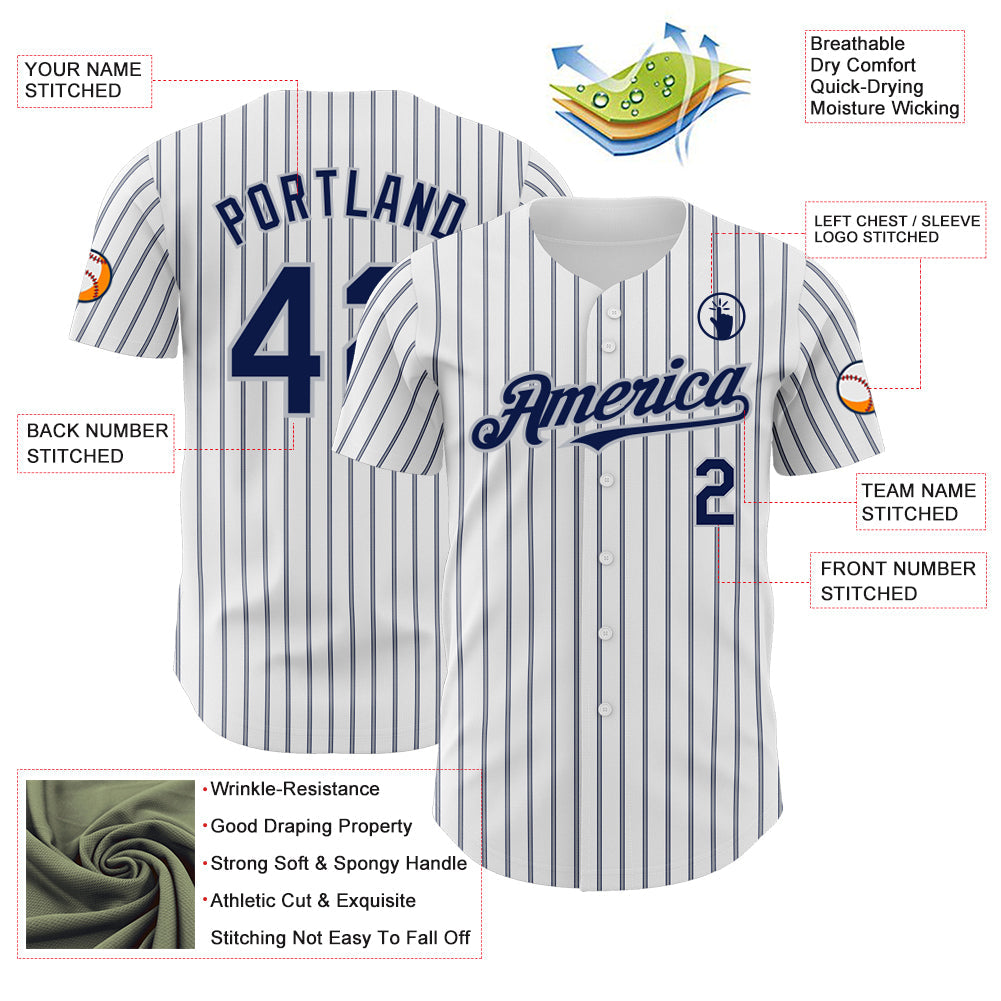 Custom White (Navy Gray Pinstripe) Navy-Gray Authentic Baseball Jersey view 3