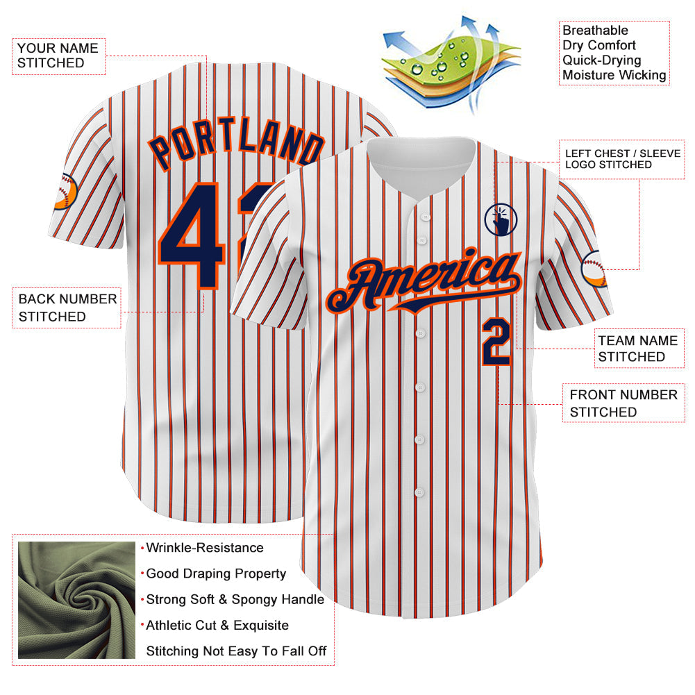 Custom White (Navy Orange Pinstripe) Navy-Orange Authentic Baseball Jersey view 3