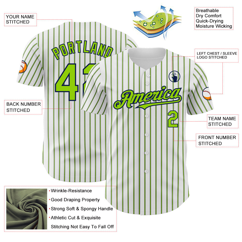 Custom White (Navy Neon Green Pinstripe) Neon Green-Navy Authentic Baseball Jersey view 3
