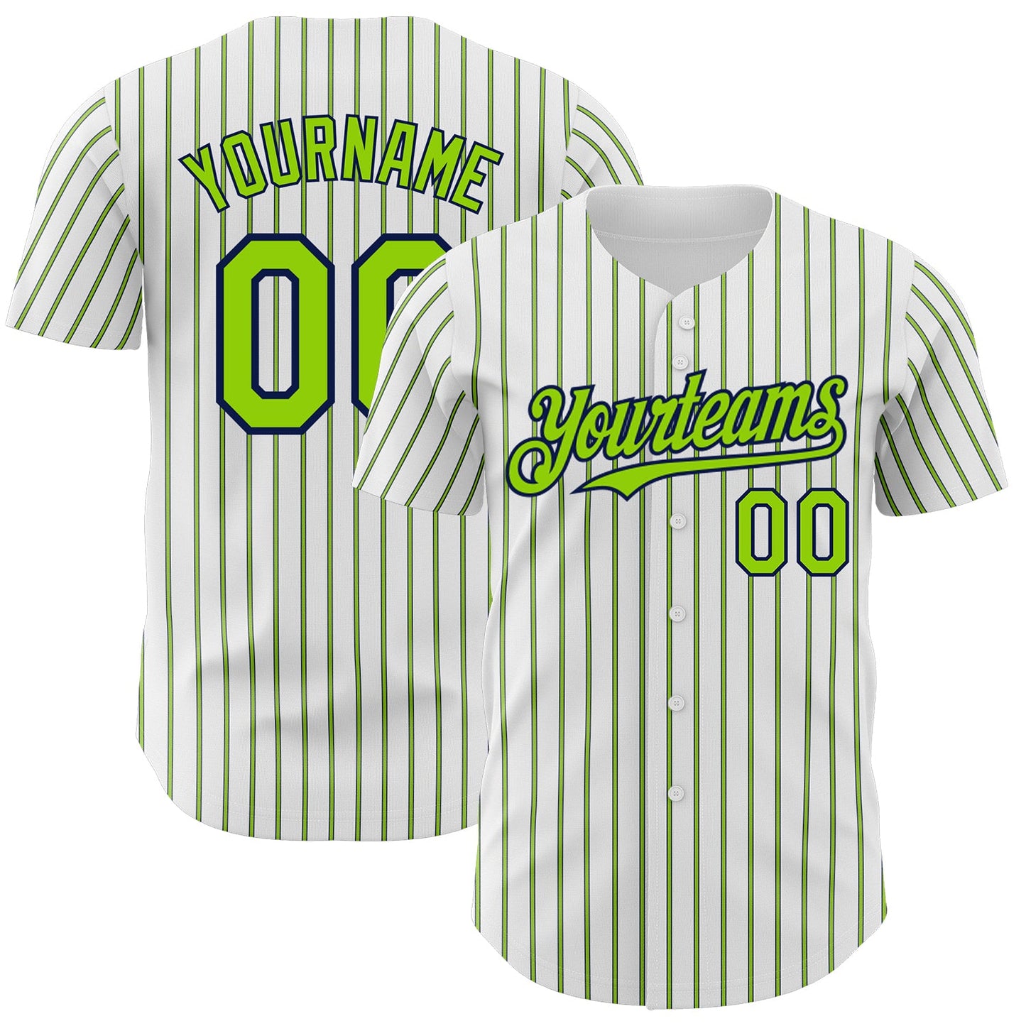 Custom White (Navy Neon Green Pinstripe) Neon Green-Navy Authentic Baseball Jersey - Main View