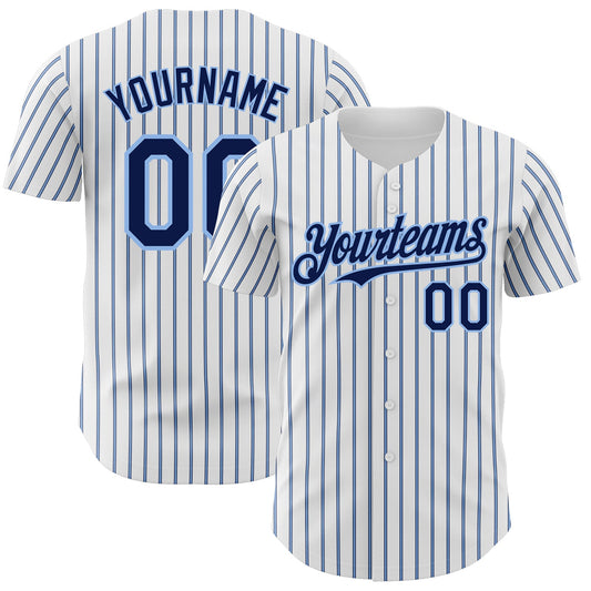 Custom White (Navy Light Blue Pinstripe) Navy-Light Blue Authentic Baseball Jersey - Main View
