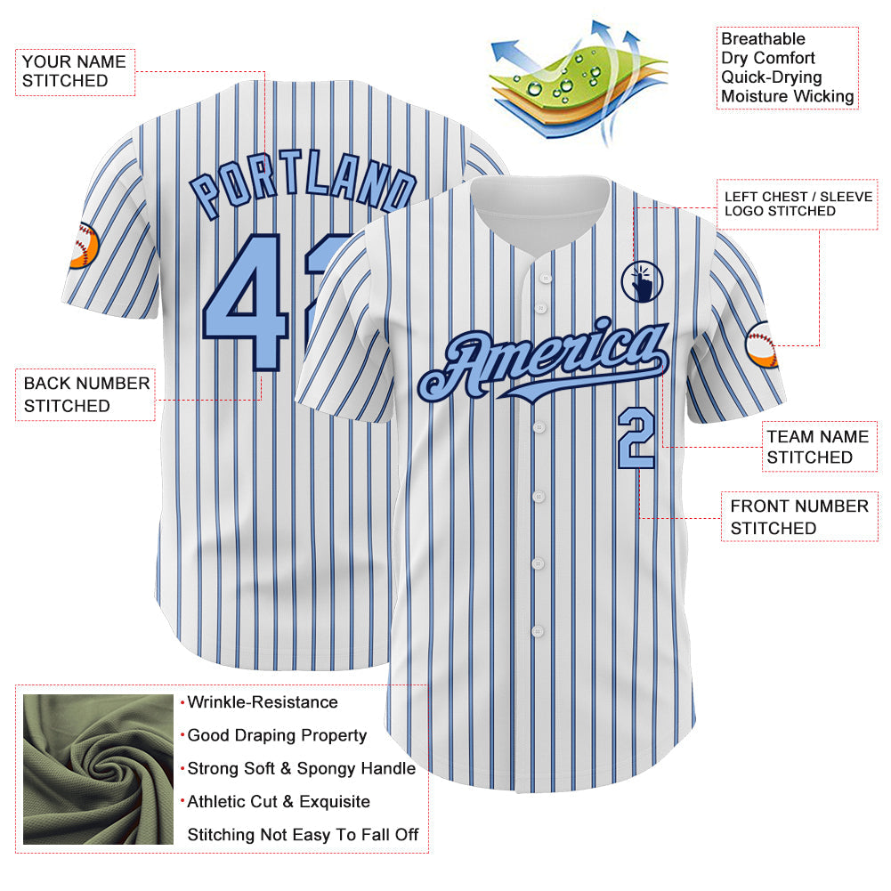 Custom White (Navy Light Blue Pinstripe) Light Blue-Navy Authentic Baseball Jersey view 3