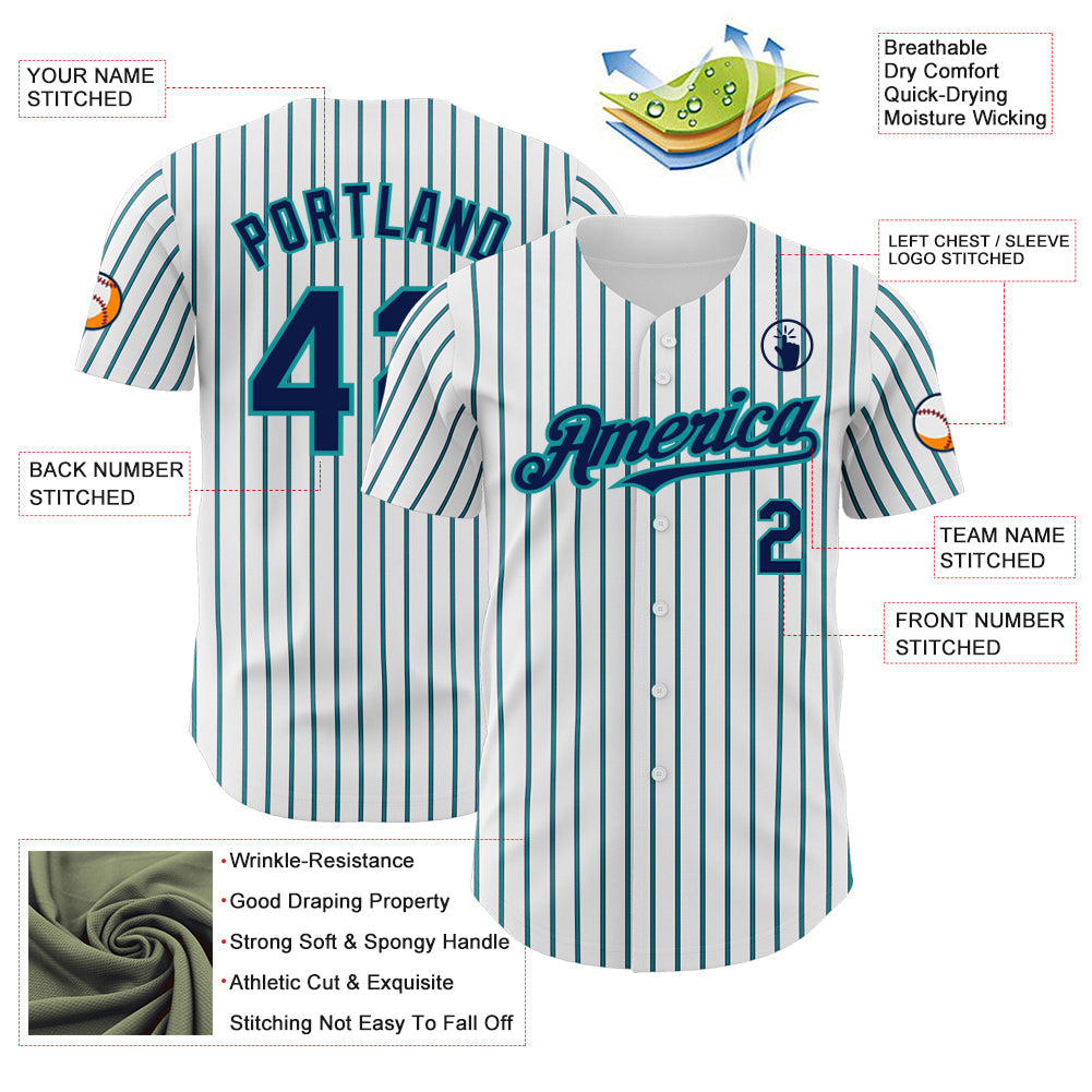 Custom White (Navy Teal Pinstripe) Navy-Teal Authentic Baseball Jersey view 3
