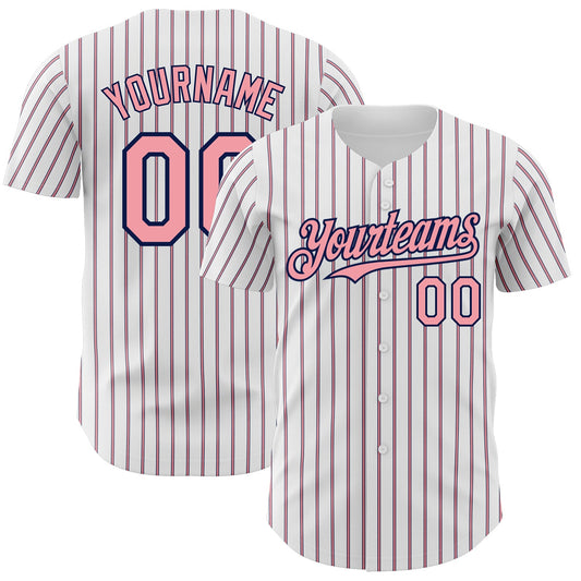 Custom White (Navy Medium Pink Pinstripe) Medium Pink-Navy Authentic Baseball Jersey - Main View