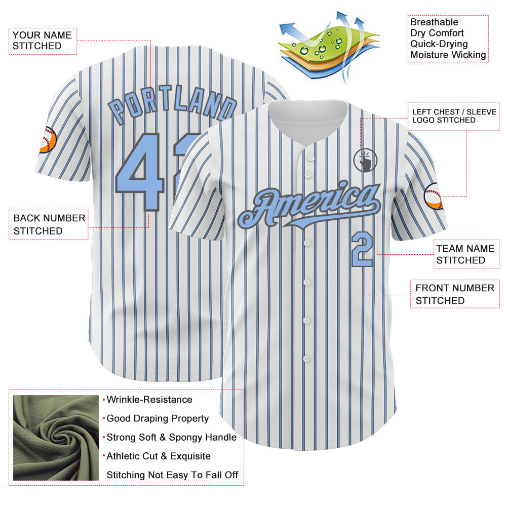 Custom White (Steel Gray Light Blue Pinstripe) Light Blue-Steel Gray Authentic Baseball Jersey view 3