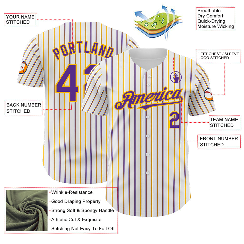 Custom White (Purple Gold Pinstripe) Purple-Gold Authentic Baseball Jersey view 3