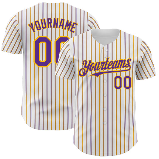 Custom White (Purple Gold Pinstripe) Purple-Gold Authentic Baseball Jersey - Main View