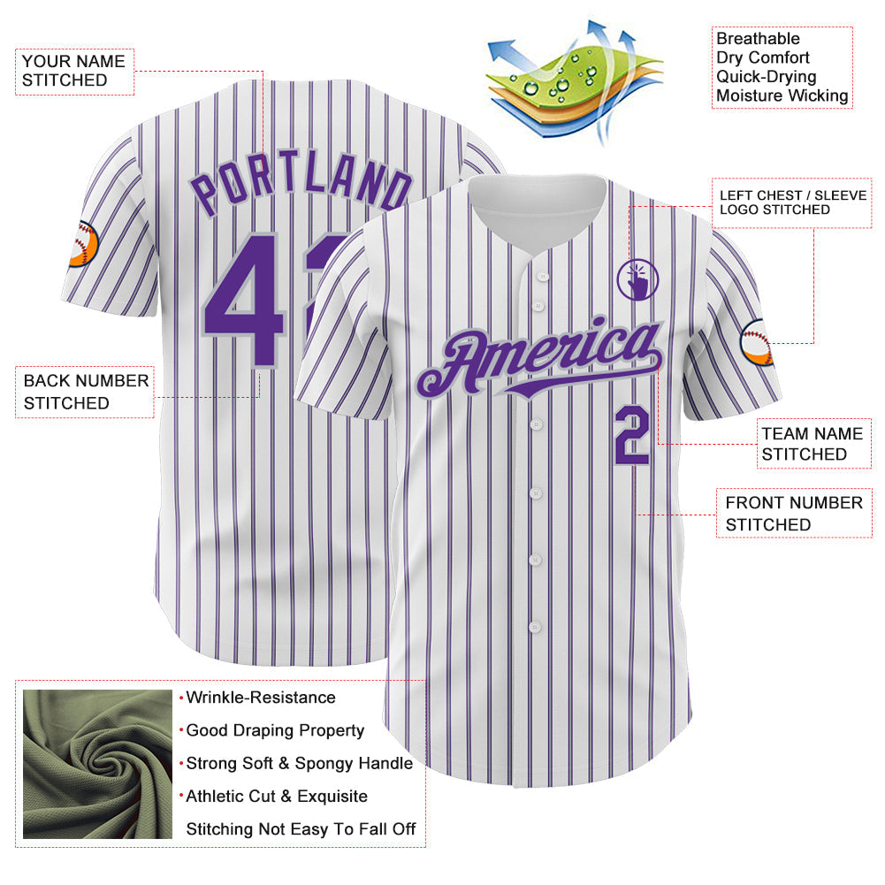 Custom White (Purple Gray Pinstripe) Purple-Gray Authentic Baseball Jersey view 3