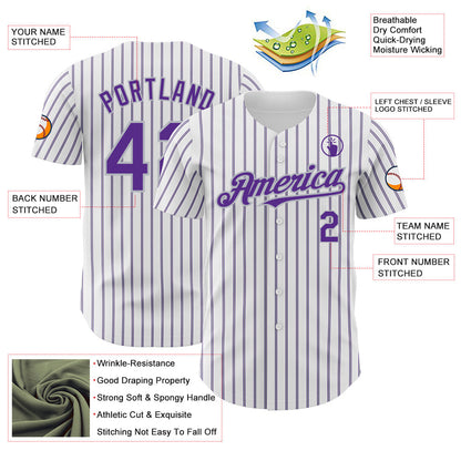 Custom White (Purple Gray Pinstripe) Purple-Gray Authentic Baseball Jersey view 3