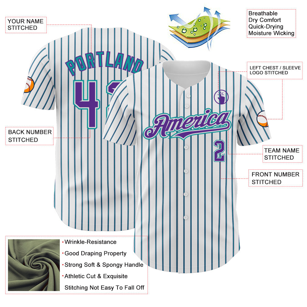 Custom White (Purple Teal Pinstripe) Purple-Teal Authentic Baseball Jersey view 3