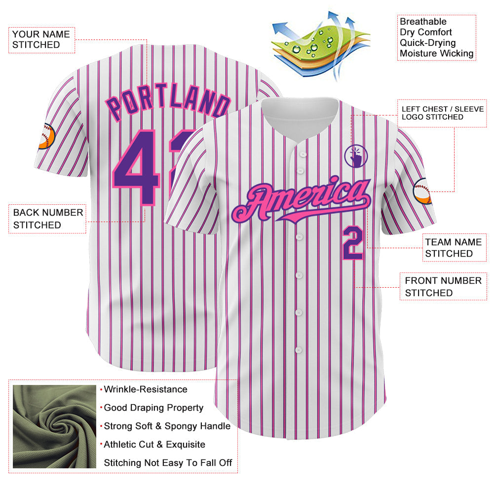Custom White (Purple Pink Pinstripe) Purple-Pink Authentic Baseball Jersey view 3