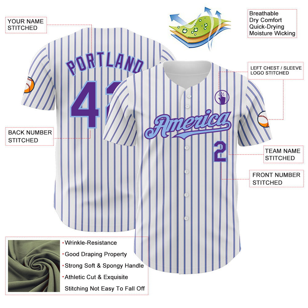 Custom White (Purple Light Blue Pinstripe) Purple-Light Blue Authentic Baseball Jersey view 3