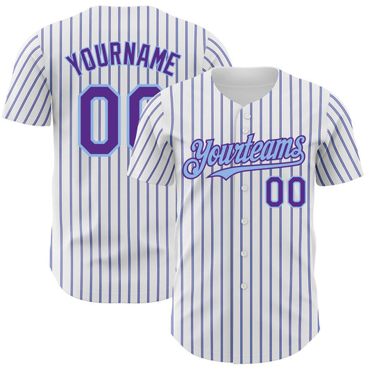 Custom White (Purple Light Blue Pinstripe) Purple-Light Blue Authentic Baseball Jersey - Main View