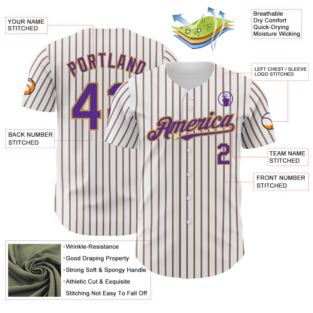 Custom White (Purple Old Gold Pinstripe) Purple-Old Gold Authentic Baseball Jersey view 3