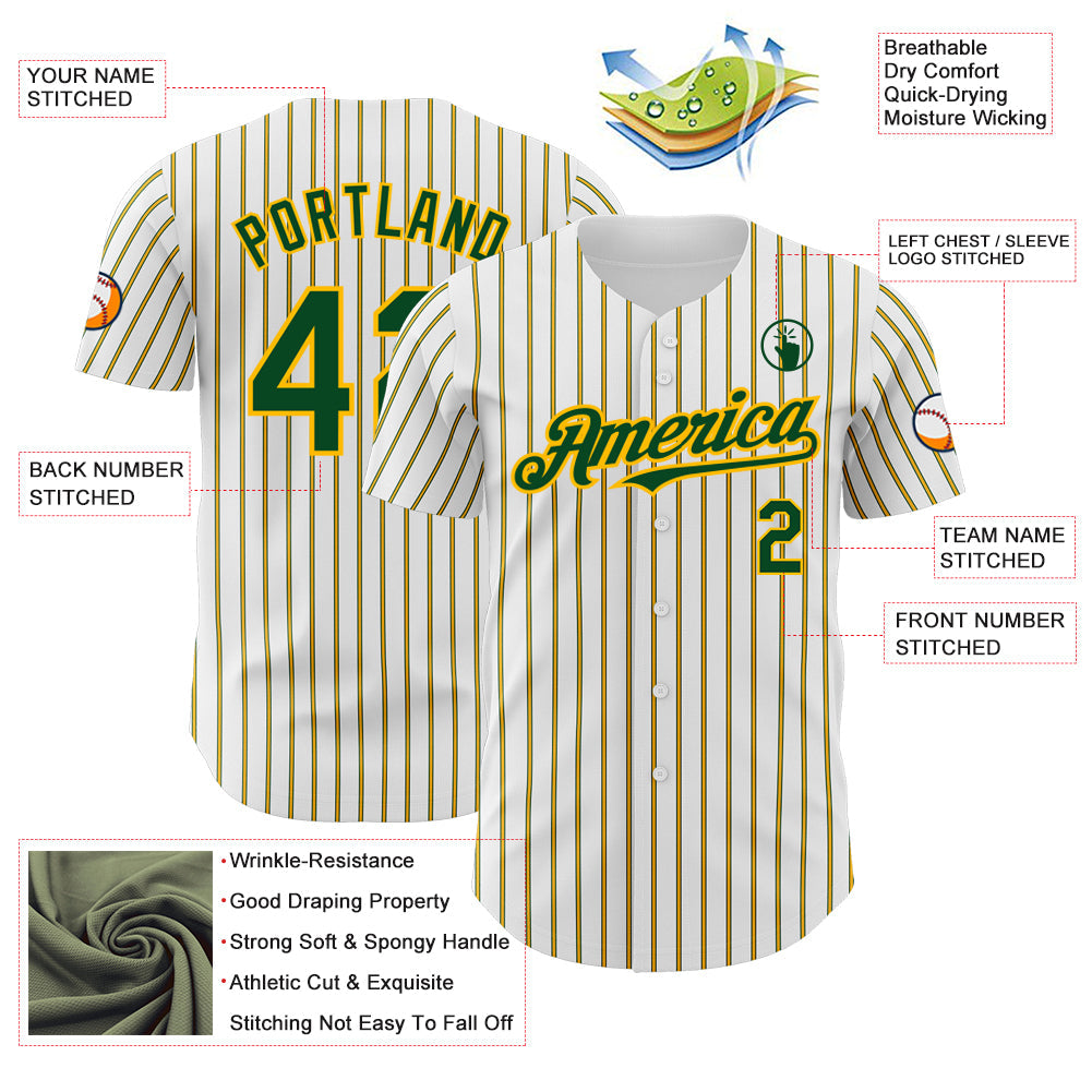 Custom White (Green Gold Pinstripe) Green-Gold Authentic Baseball Jersey view 3