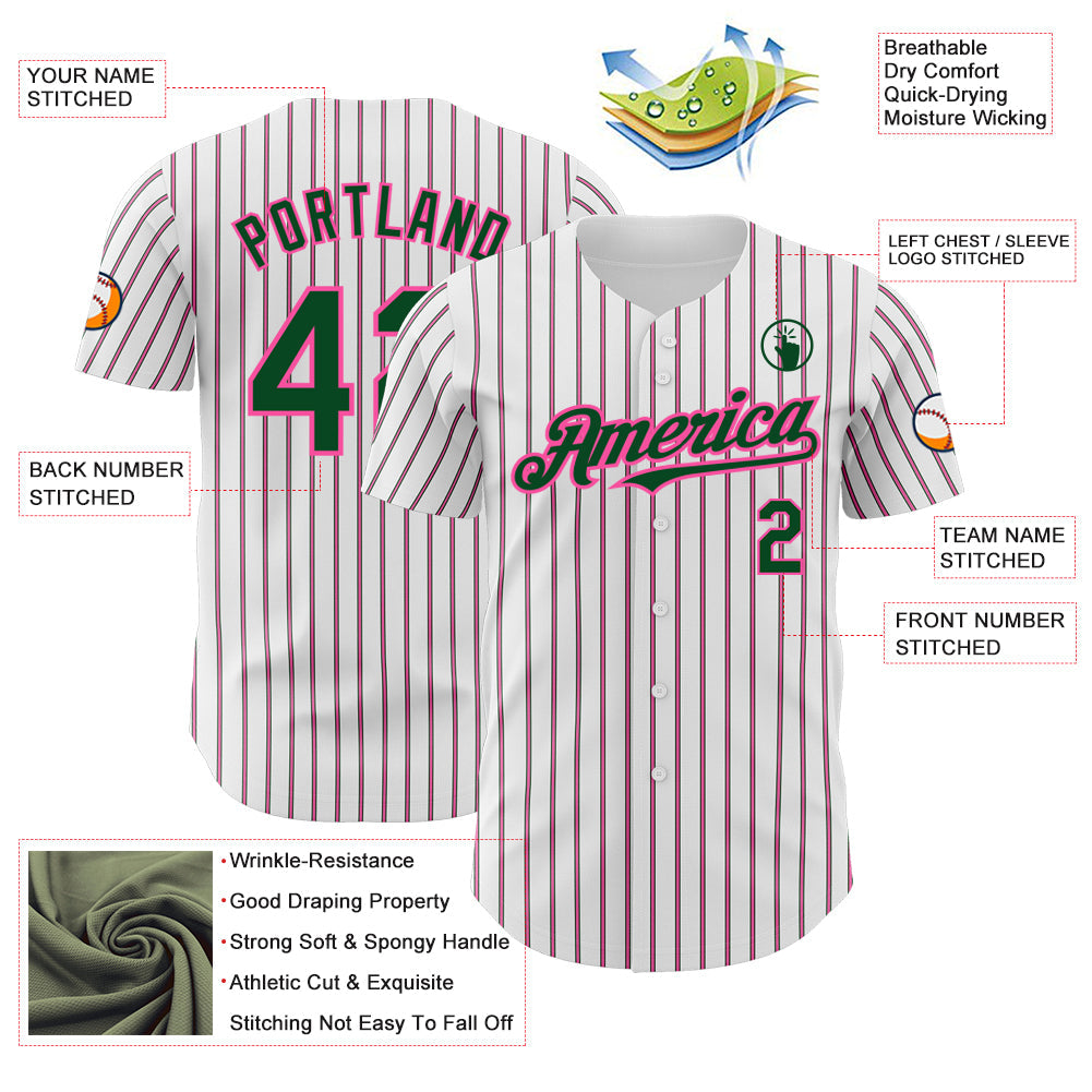 Custom White (Green Pink Pinstripe) Green-Pink Authentic Baseball Jersey view 3