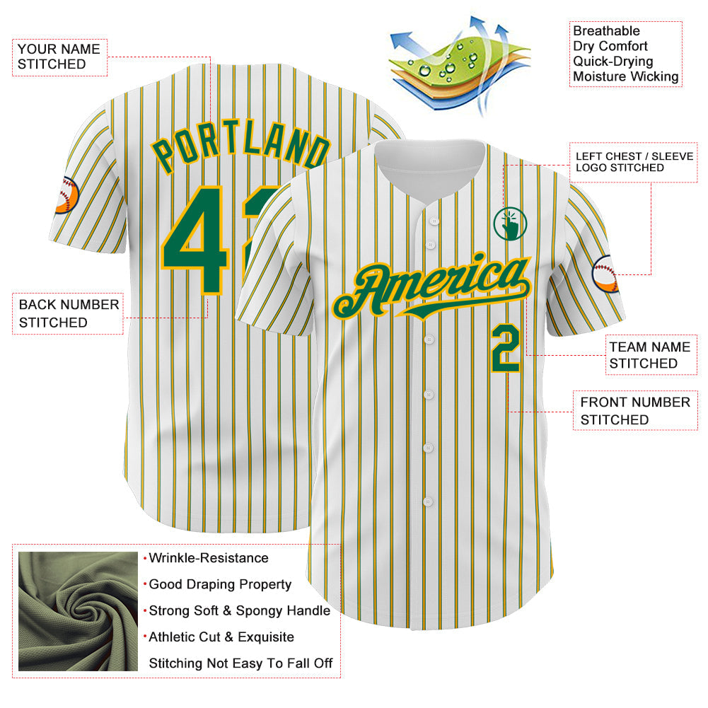 Custom White (Kelly Green Gold Pinstripe) Kelly Green-Gold Authentic Baseball Jersey view 3