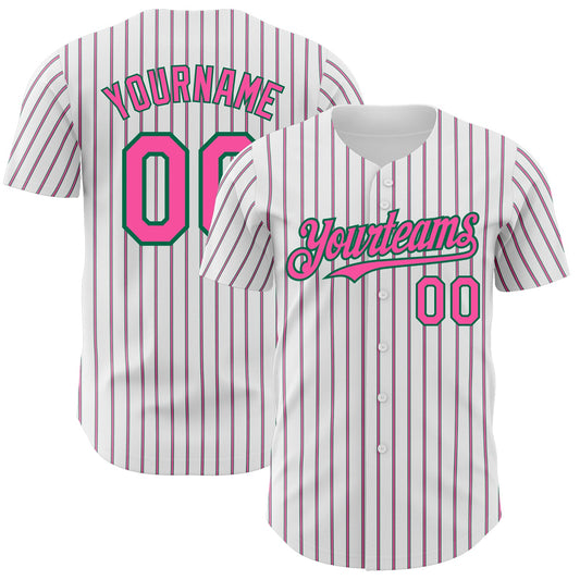Custom White (Kelly Green Pink Pinstripe) Pink-Kelly Green Authentic Baseball Jersey - Main View