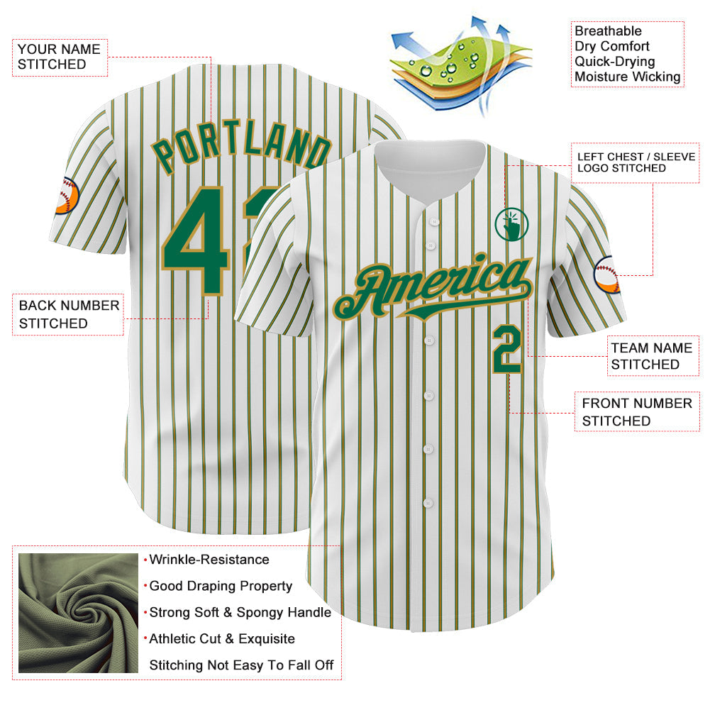 Custom White (Kelly Green Old Gold Pinstripe) Kelly Green-Old Gold Authentic Baseball Jersey view 3