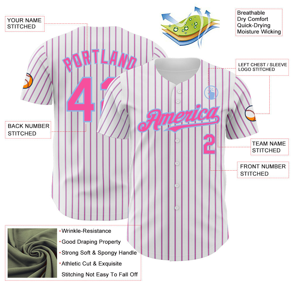 Custom White (Light Blue Pink Pinstripe) Pink-Light Blue Authentic Baseball Jersey view 3