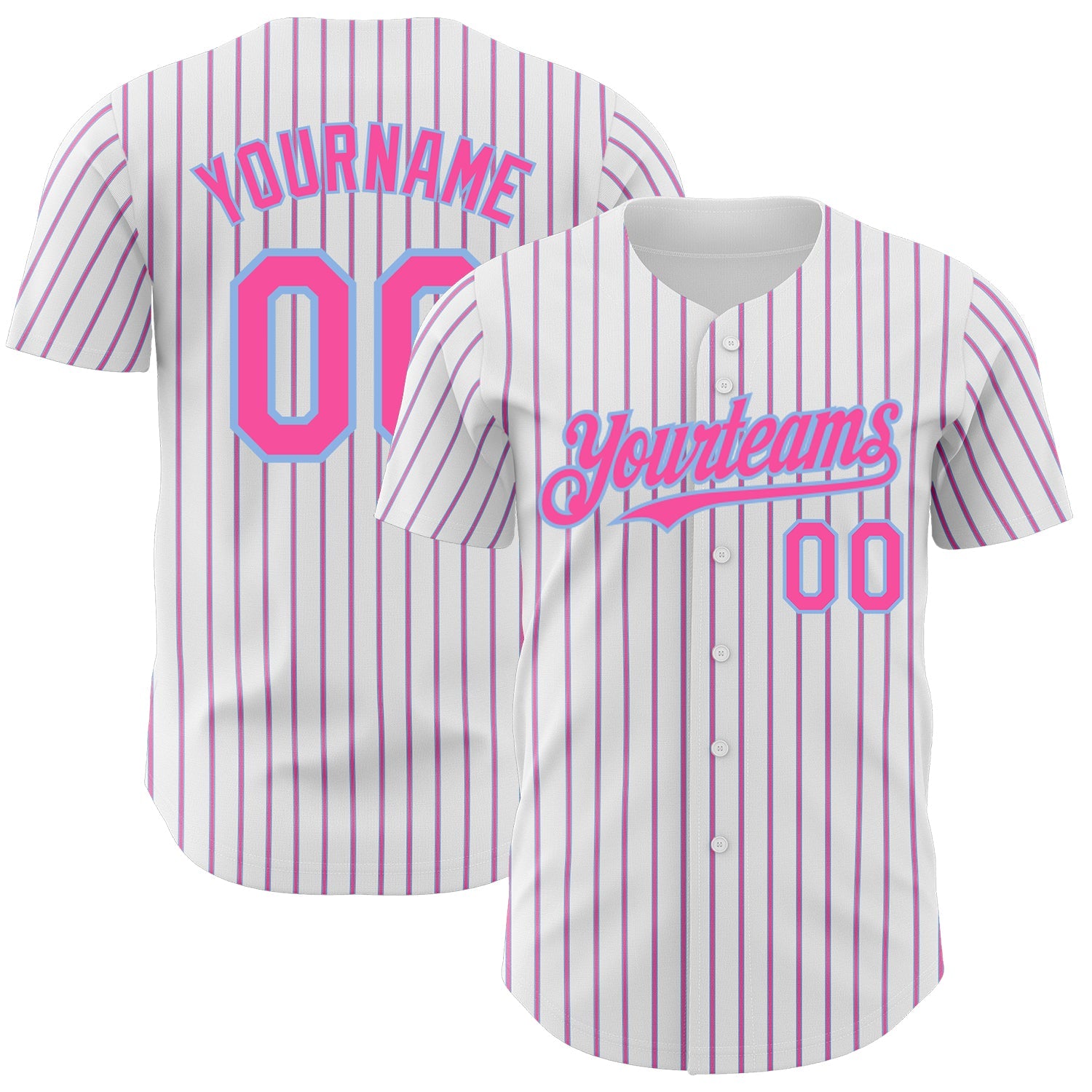 Custom White (Light Blue Pink Pinstripe) Pink-Light Blue Authentic Baseball Jersey - Main View