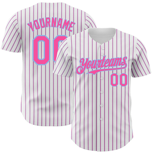 Custom White (Light Blue Pink Pinstripe) Pink-Light Blue Authentic Baseball Jersey - Main View