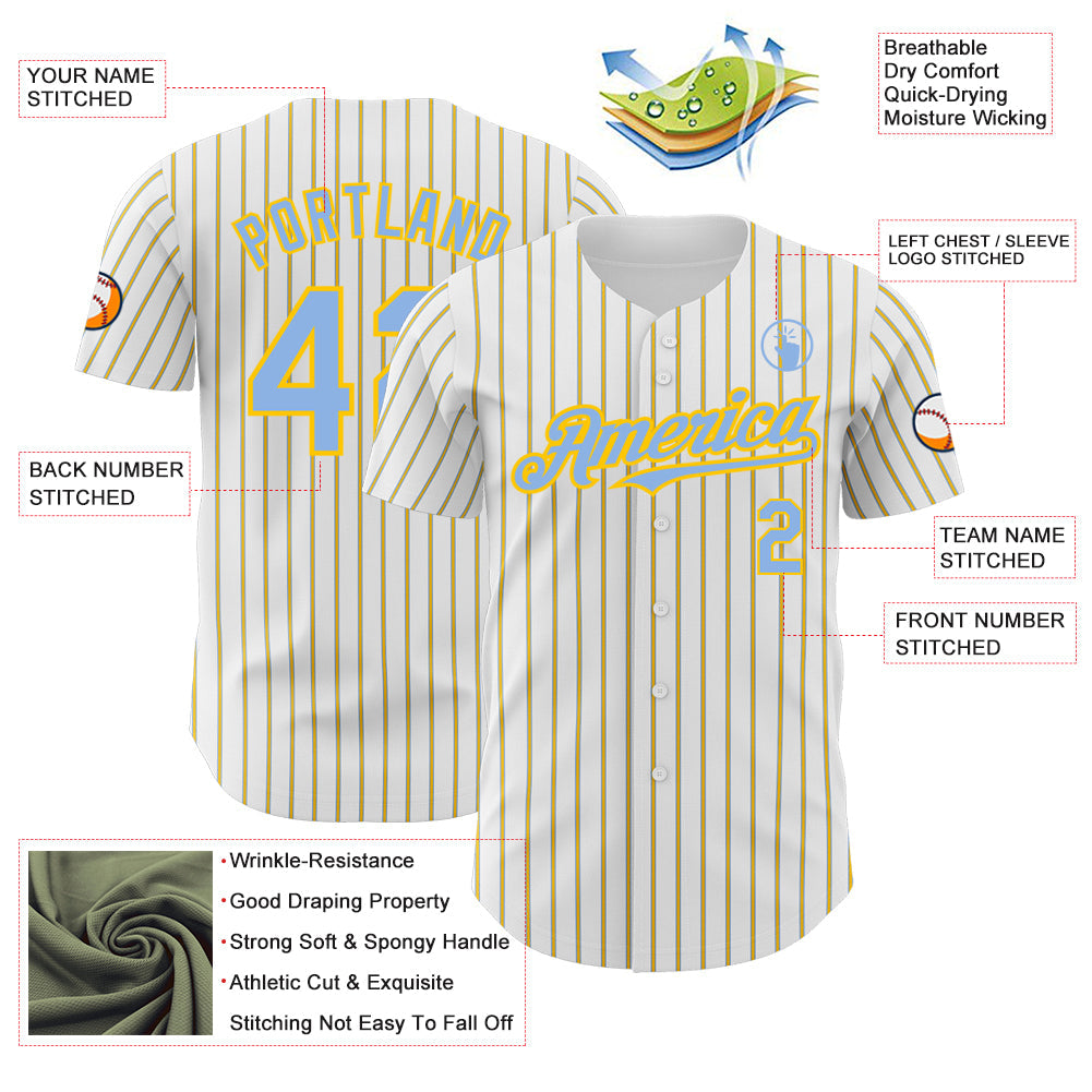 Custom White (Light Blue Yellow Pinstripe) Light Blue-Yellow Authentic Baseball Jersey view 3