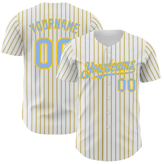 Custom White (Light Blue Yellow Pinstripe) Light Blue-Yellow Authentic Baseball Jersey - Main View