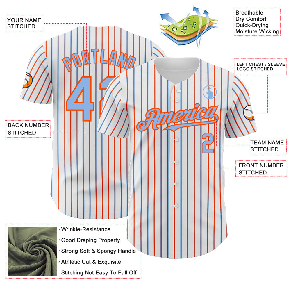 Custom White (Light Blue Orange Pinstripe) Light Blue-Orange Authentic Baseball Jersey view 3