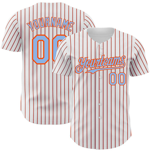 Custom White (Light Blue Orange Pinstripe) Light Blue-Orange Authentic Baseball Jersey - Main View