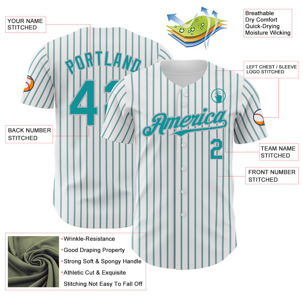 Custom White (Teal Gray Pinstripe) Teal-Gray Authentic Baseball Jersey view 3
