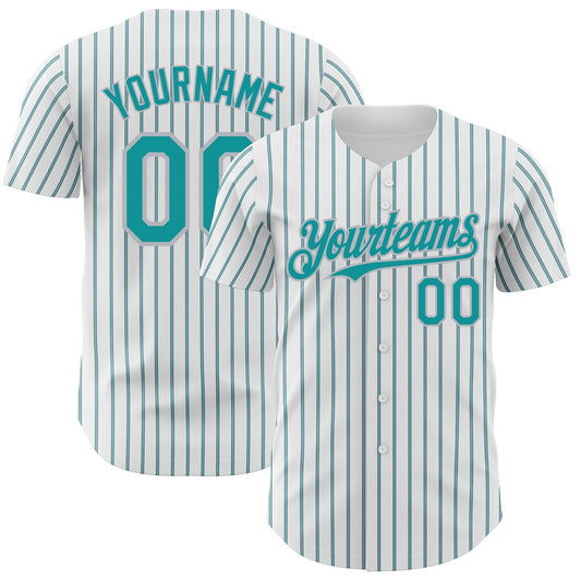 Custom White (Teal Gray Pinstripe) Teal-Gray Authentic Baseball Jersey - Main View