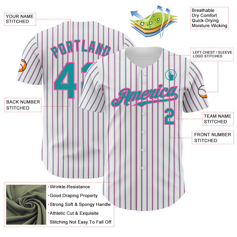 Custom White (Teal Pink Pinstripe) Teal-Pink Authentic Baseball Jersey view 3