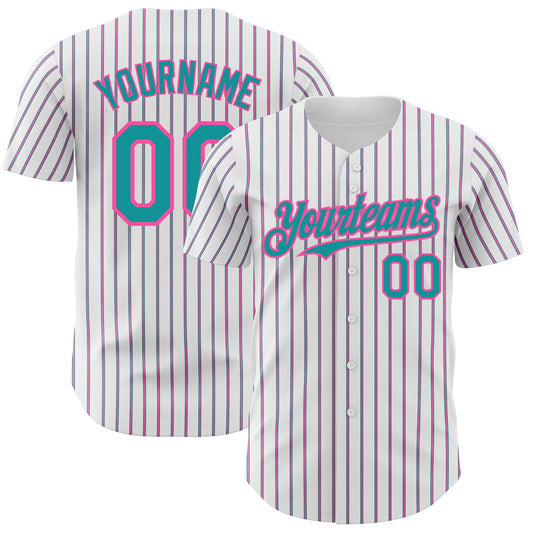 Custom White (Teal Pink Pinstripe) Teal-Pink Authentic Baseball Jersey - Main View