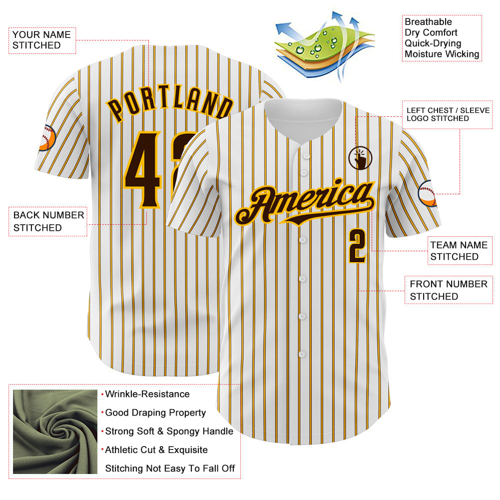Custom White (Brown Gold Pinstripe) Brown-Gold Authentic Baseball Jersey view 3