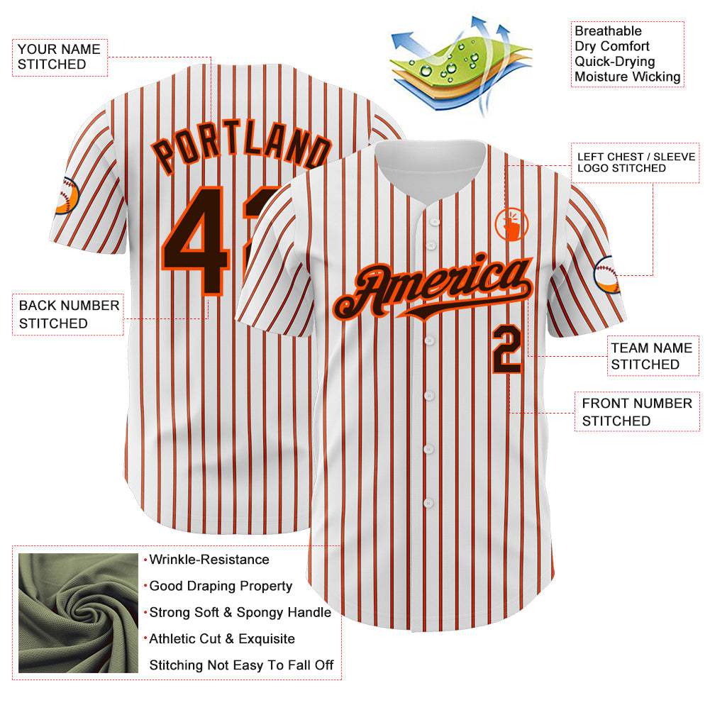 Custom White (Brown Orange Pinstripe) Brown-Orange Authentic Baseball Jersey view 3