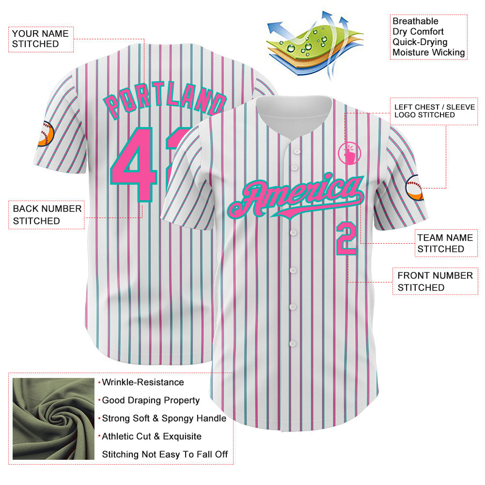 Custom White (Aqua Pink Pinstripe) Pink-Aqua Authentic Baseball Jersey view 3