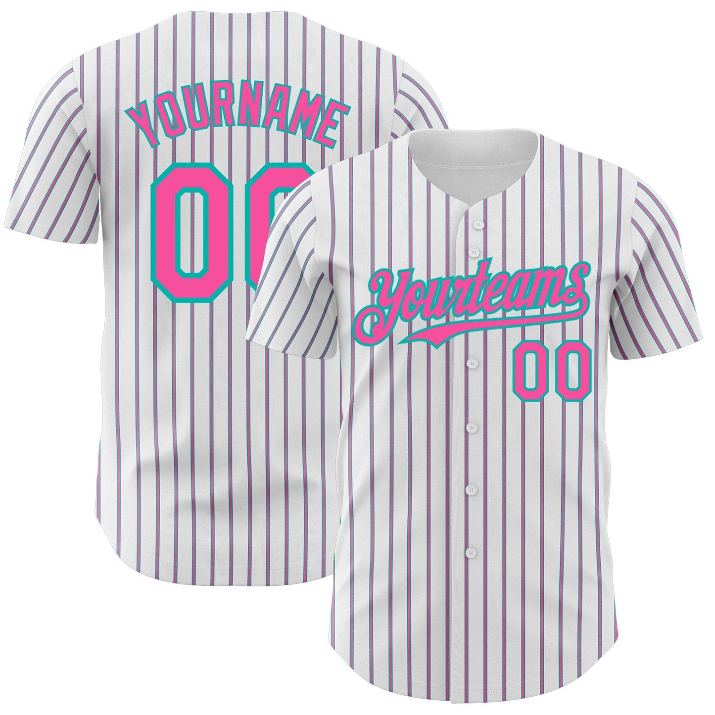 Custom White (Aqua Pink Pinstripe) Pink-Aqua Authentic Baseball Jersey - Main View