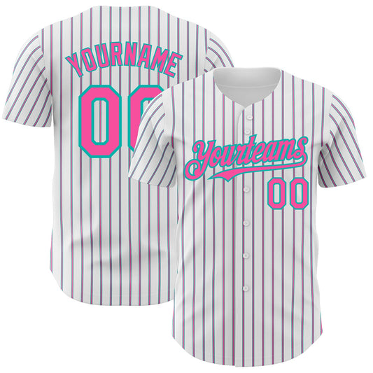 Custom White (Aqua Pink Pinstripe) Pink-Aqua Authentic Baseball Jersey - Main View
