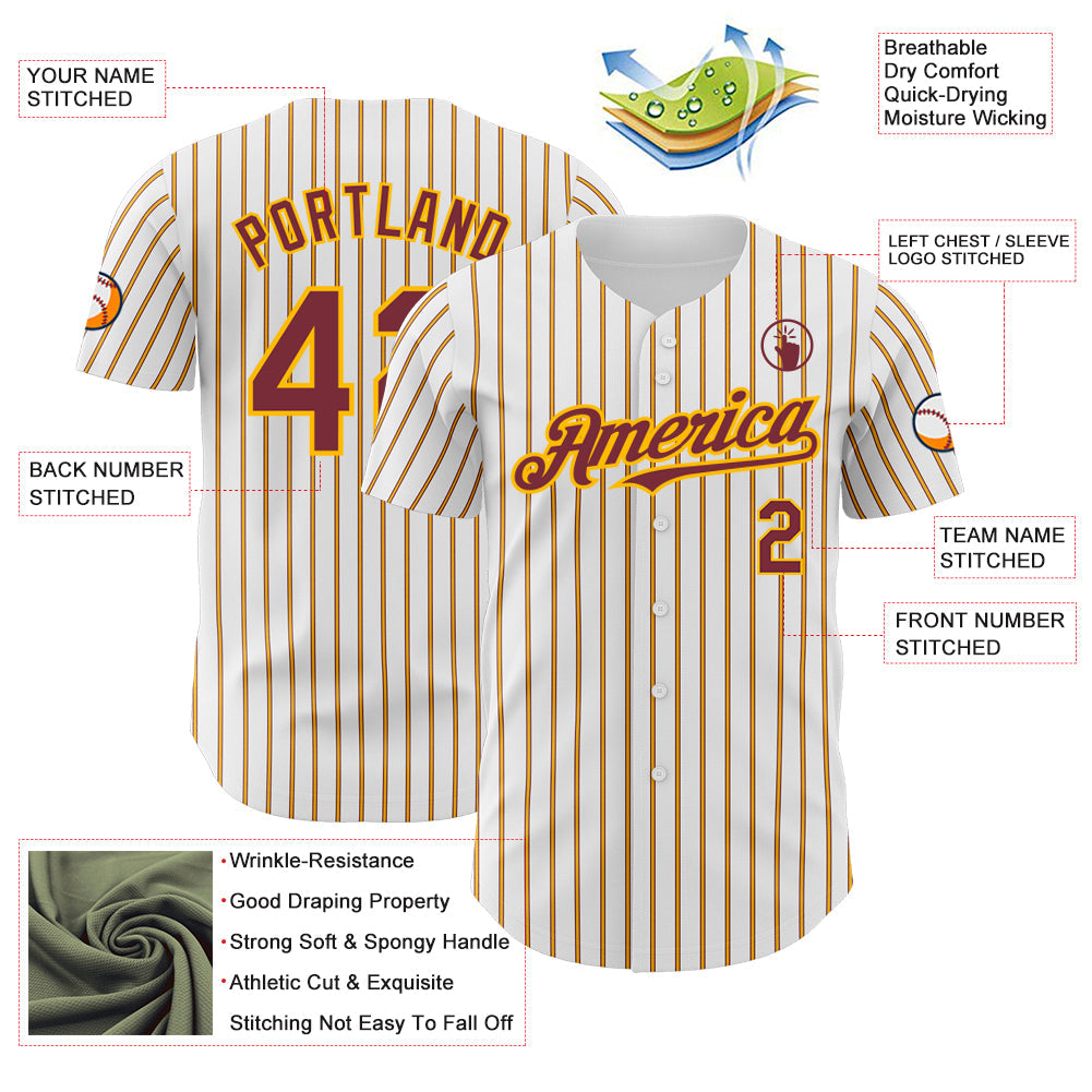 Custom White (Burgundy Gold Pinstripe) Burgundy-Gold Authentic Baseball Jersey view 3