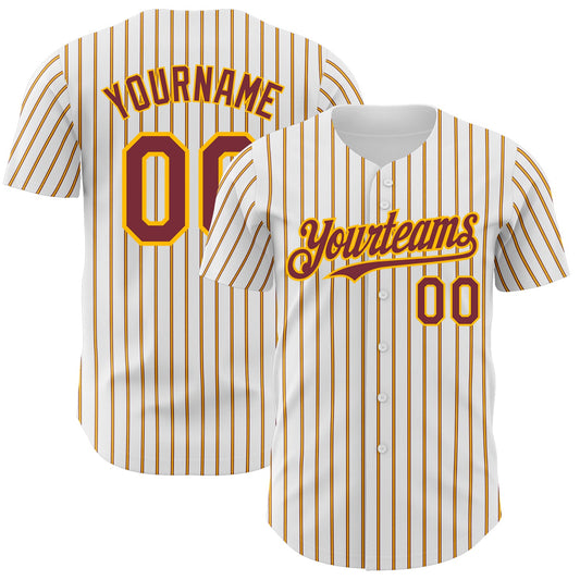 Custom White (Burgundy Gold Pinstripe) Burgundy-Gold Authentic Baseball Jersey - Main View