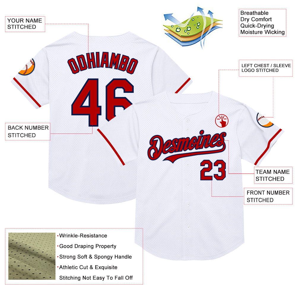 Custom White Red-Navy Mesh Authentic Throwback Baseball Jersey view 3