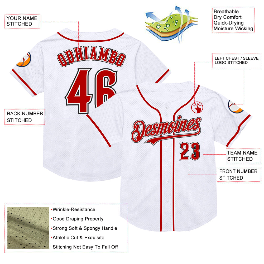 Custom White Red-Black Mesh Authentic Throwback Baseball Jersey view 3