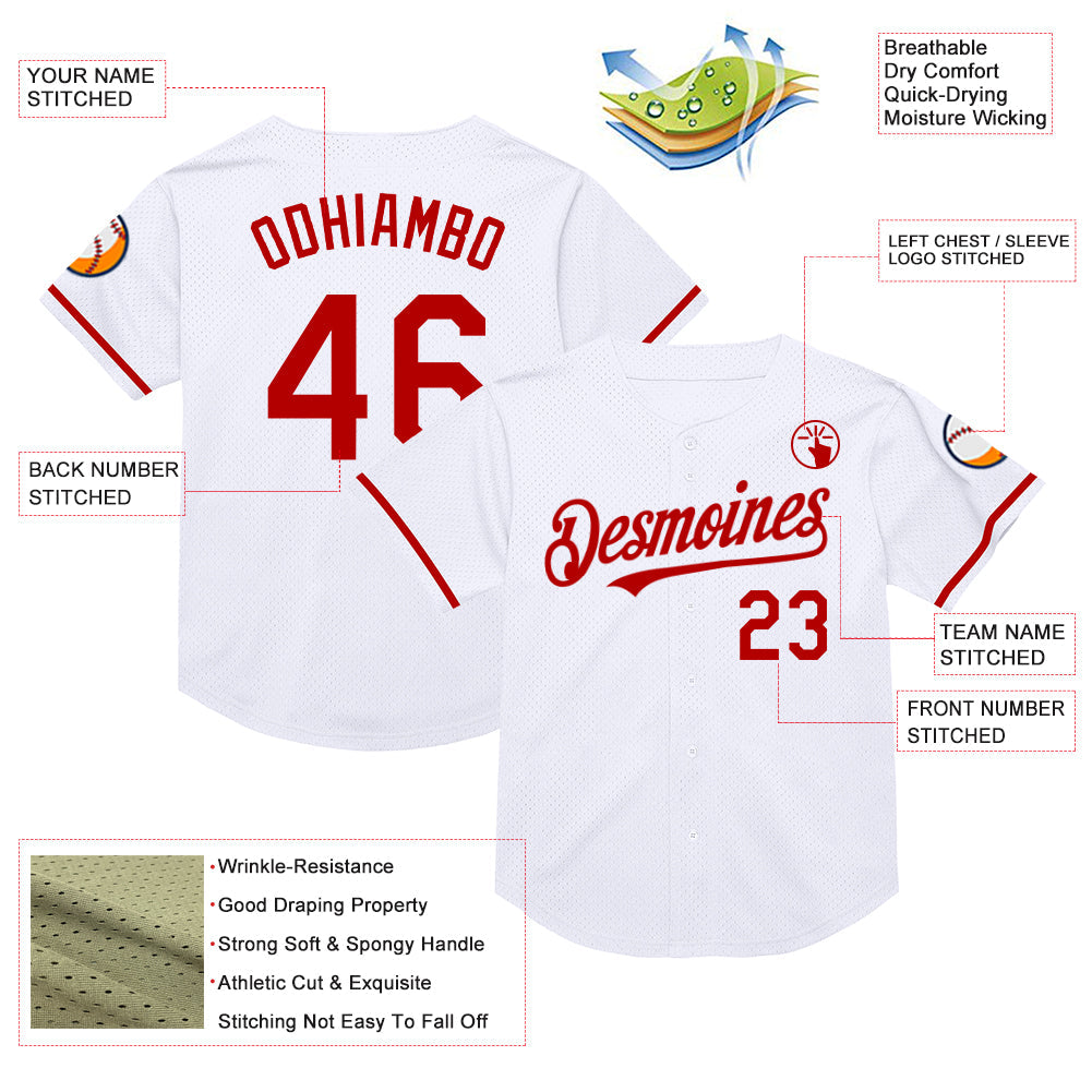 Custom White Red Mesh Authentic Throwback Baseball Jersey view 3