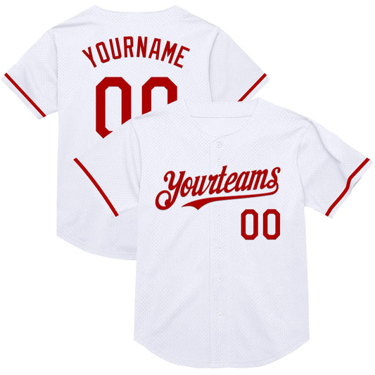 Custom White Red Mesh Authentic Throwback Baseball Jersey - Main View