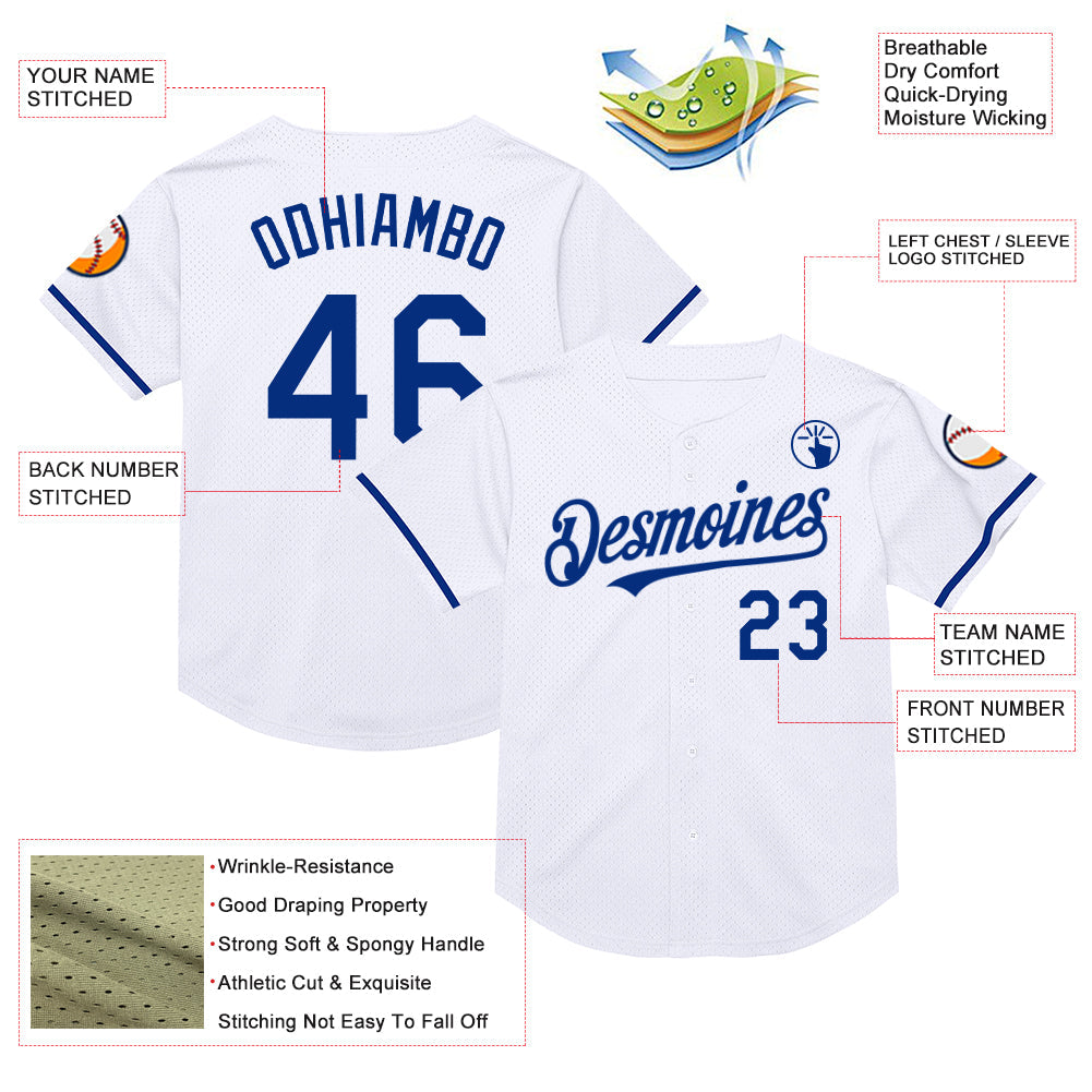 Custom White Royal Mesh Authentic Throwback Baseball Jersey view 3